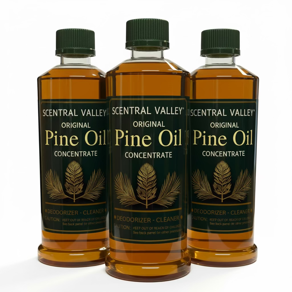 Three bottles of Scentral Valley Pine Oil Concentrate on a white background