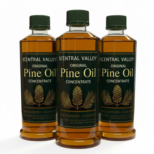 Three bottles of Scentral Valley Pine Oil Concentrate on a white background